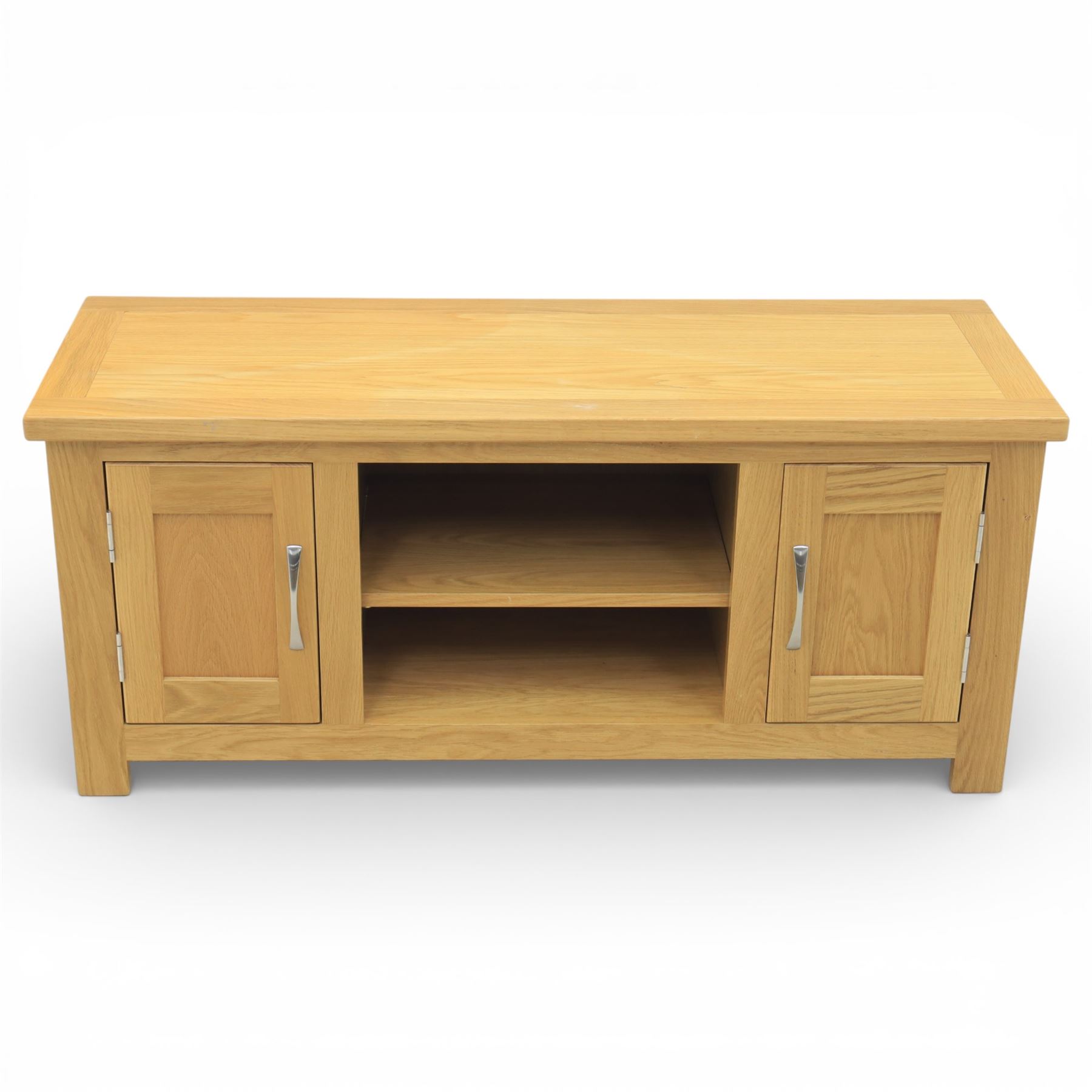 Contemporary oak television media cabinet, rectangular top fitted with two cupboards and central open shelf