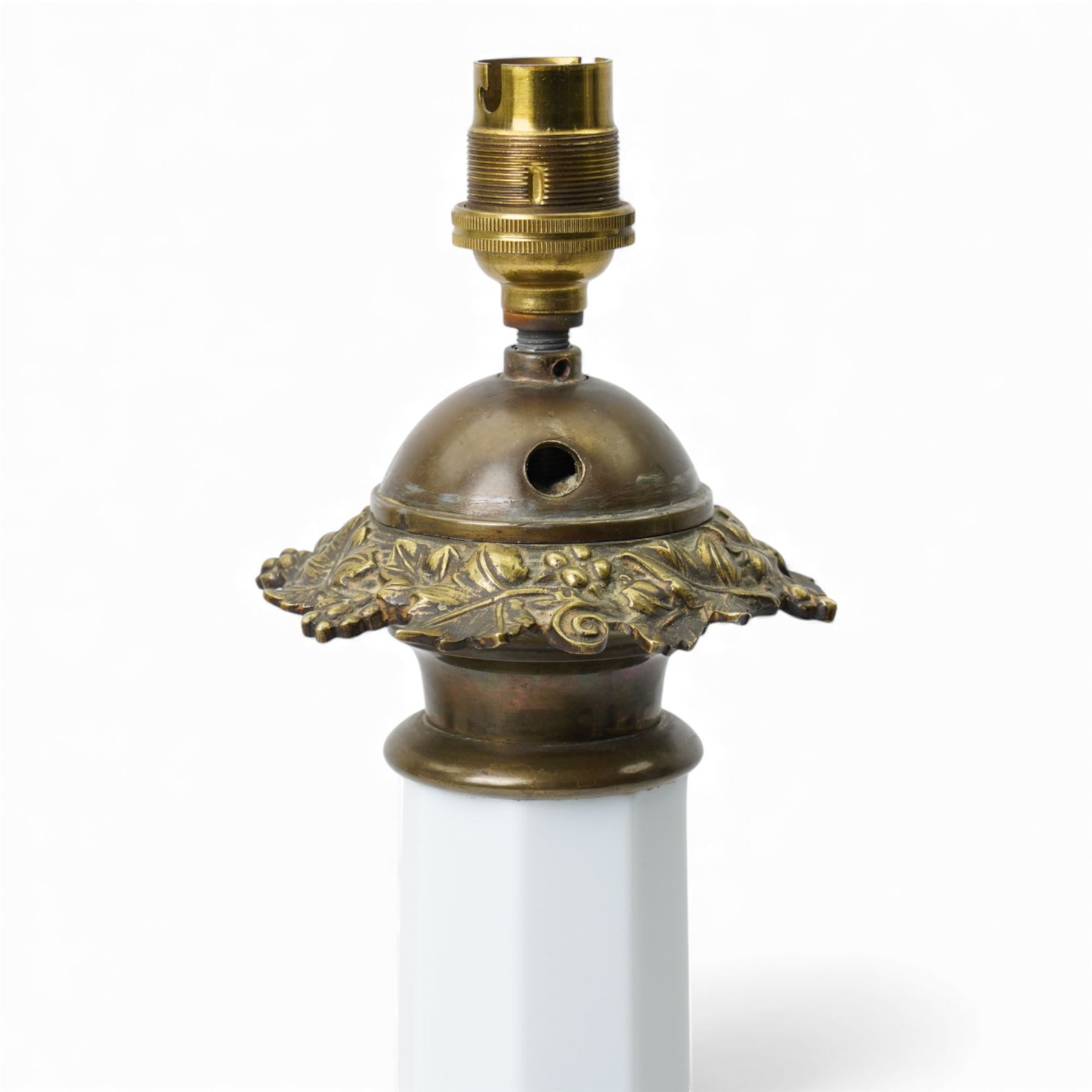 19th century Bohemian white glass table lamp of facetted mallet form with brass mounts H53cm excluding bulb holder