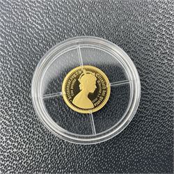 Eleven Queen Elizabeth II miniature gold coins, each being 0.5 grams of 24 carat gold, including Tristan da Cunha 2020 'Laurel', Solomon Islands 2020 '80th Anniversary of the Battle of Britain' etc, all with certificates