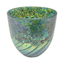  Jonathan Harris glass vase decorated with iridescent tonal spots and flowers over a mottled green iridescent ground, with label and signature beneath and original box, H11cm