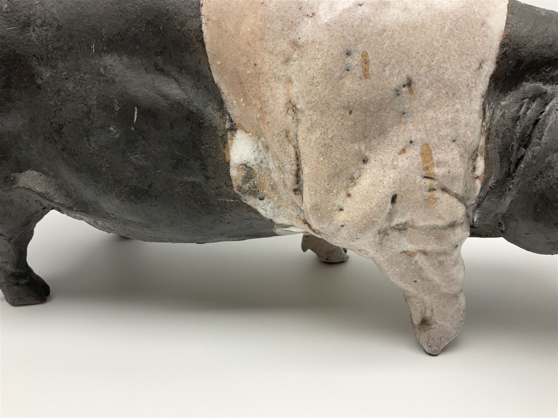 Studio pottery Saddleback pig, with artist signature beneath, H18cm, L39cm