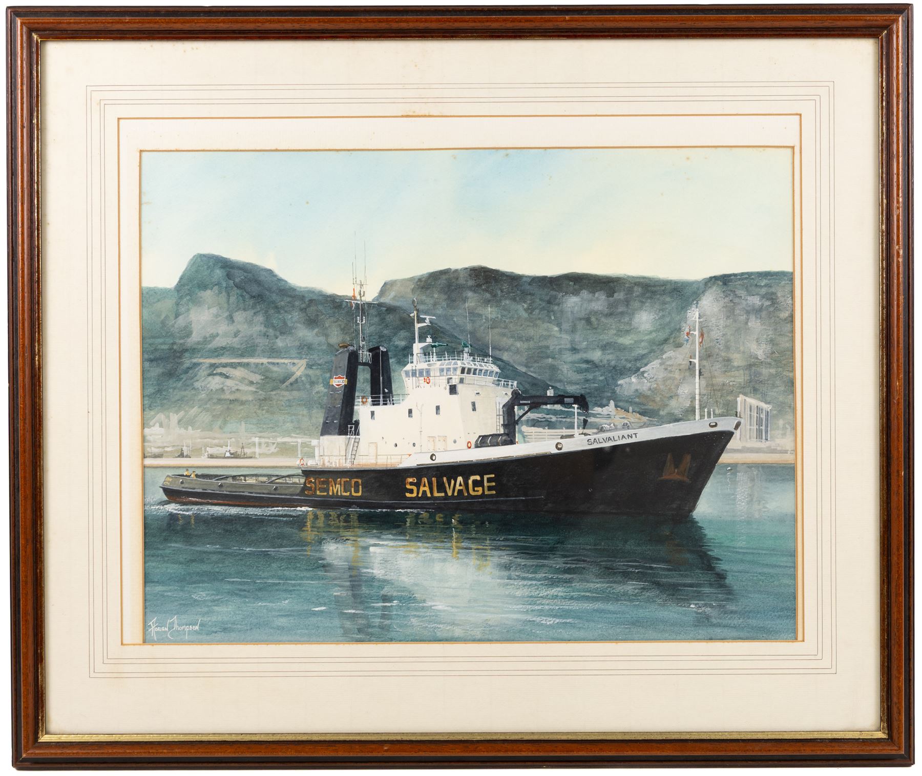 Adrian Thompson (British 1960-): Salvaliant - 1987 Semco Salvage tug boat, watercolour heightened with white signed 35cm x 46cm