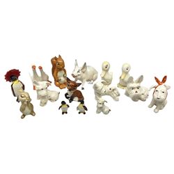 Collection of Beswick comical figures to include dog with toothache, dog with ladybird on nose no.804, penguin with umbrella, geese, duck, squirrel no. 1009 etc (15)