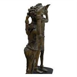 Pair of Benin bronze statures, modelled as a male and female, with armed raised, upon a square base, H76cm