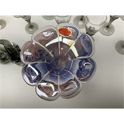 Murano glass figure of a recumbent horse, Murano Lavorazione purple and pink flower, and quantity of matching drinking glasses