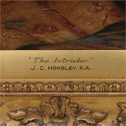 John Calcott Horsley RA (British 1817-1903): 'The Intruder', oil on canvas signed and indistinctly dated 92cm x 74cm in fine swept gilt frame 118cm x 102cm overall
Notes: Horsley captures a light-hearted yet evocative domestic scene, showcasing his keen eye for detail and narrative. The painting depicts two young women in a state of startled dismay as they react to the presence of an unexpected 'intruder' — a cockroach on the dressing table. The exaggerated expressions of alarm, juxtaposed with the inconspicuousness of the insect, humorously amplify the sense of dread;  demonstrating Horsley’s skill in blending genre painting with social commentary. The work’s charm lies in its gentle satire of the Victorian's heightened sensitivities to cleanliness, propriety, and the domestic sphere.
