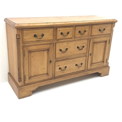  Solid pine dresser, six drawers, two cupboards, shaped plinth base, W153cm, H92cm, D48cm  