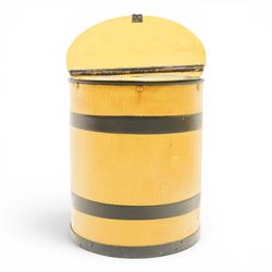 Early 20th century painted pine flour bin, cylindrical form with hinged circular cover, yellow painted ground with black painted bands and stencilled ‘FLOUR’ lettering, fitted with iron hasp and staple fastening
