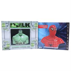 Two Neca cookie jars, Spider-Man and The Hulk, both boxed