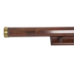 Late 18th century decagonal mahogany telescope, with brass eyepiece and cap, both with brass shutters, unmarked, upon wooden stand