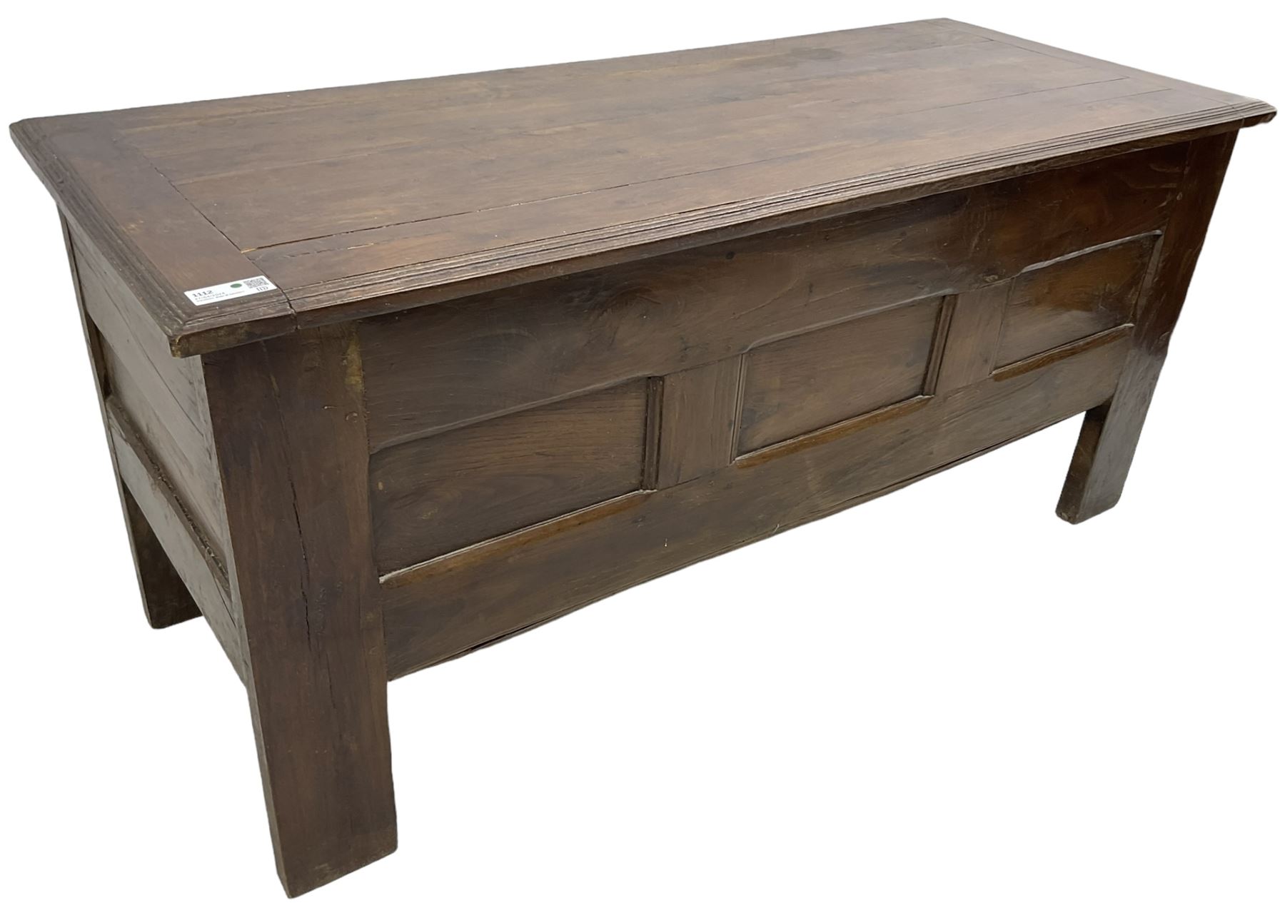 Large 18th century oak coffer or chest, rectangular hinged top with moulded edge, over panelled sides with moulded rails, raised on stile supports