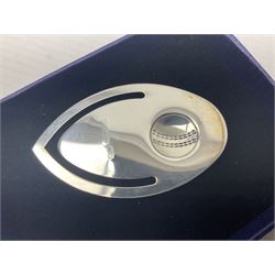 Modern silver bookmark, embossed with cricket ball, hallmarked Laurence R Watson & Co, Birmingham 2003, H6cm, boxed 