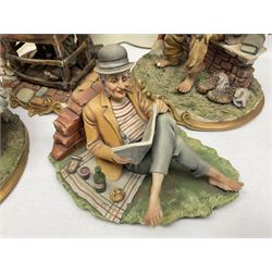 Four Capodimonte figure groups, to include tramp figures, shoemaker figure etc