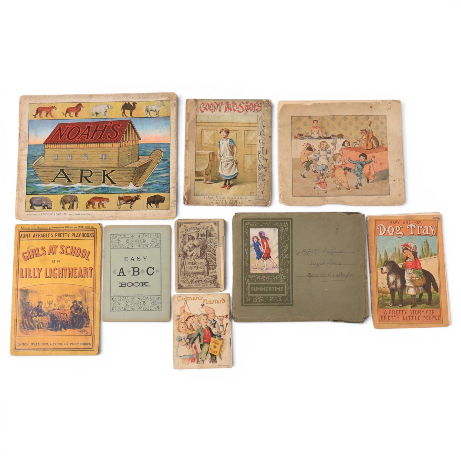 Collection of late 19th century/early 20th century picture books, titles including Mary and her Dog Tray, Struwelpeter Junior, The Home Alphabet, Noah's Ark, Squire Fox Went Out In a Hungry Plight, Old Mother Hubbard and Her Dog, Will You Walk in our Garden, The Alphabet of Old Friends etc