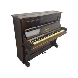 Knauss Coblenz - early 20th century rosewood cased upright piano, straight strung iron movement, simulated ivory keys