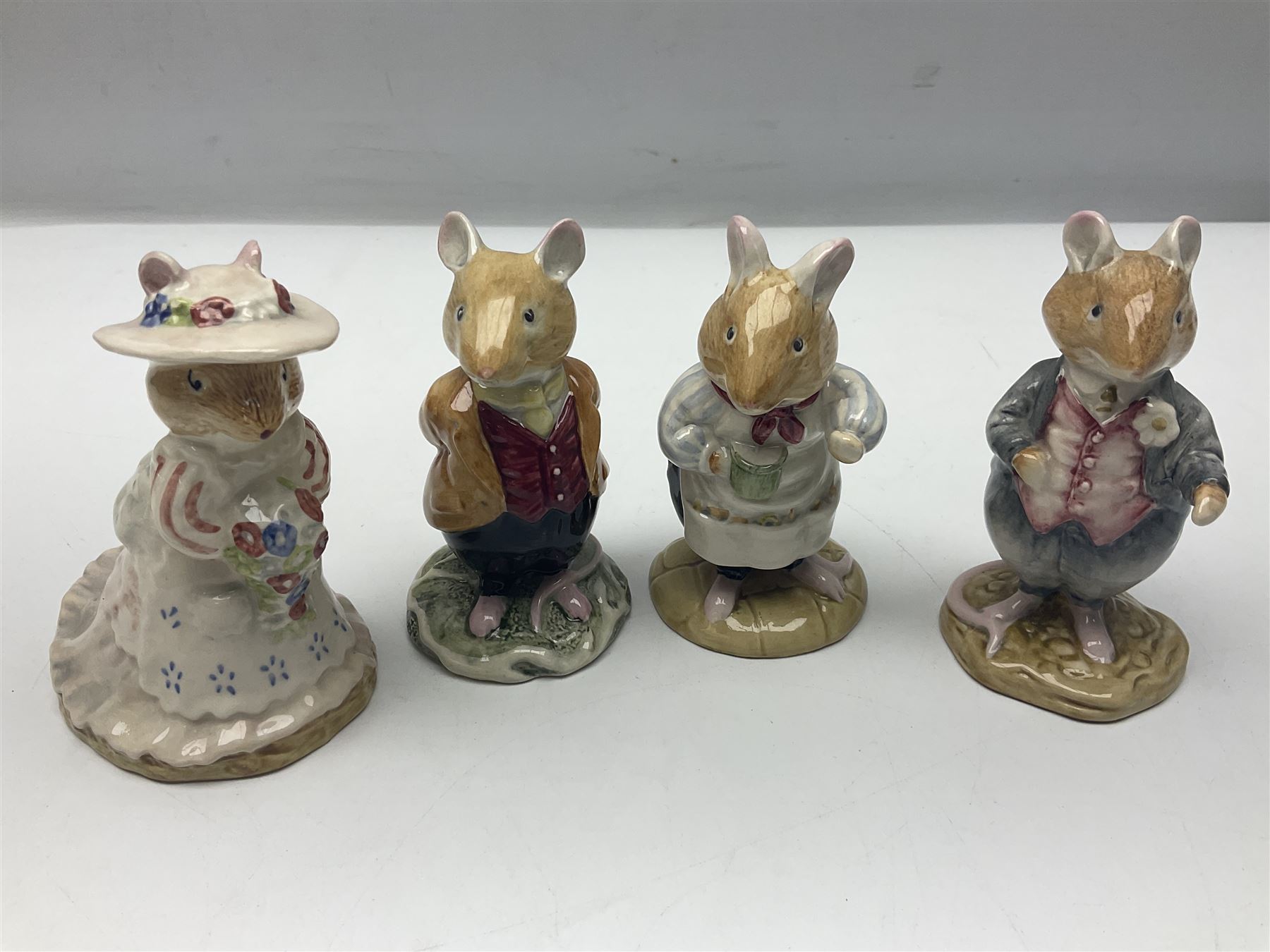 Five Royal Doulton Beatrix Potter figures, comprising Poppy Eyebright, Clover, Lord Woodmouse, Mr Apple and Dusty Dogwood, together with Beswick Appley Dapply figure and three Crummles Beatrix Potter enamel pill boxes