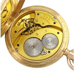 Early 20th century 10ct gold full hunter keyless lever 'Ensign' pocket watch by American Watch Company, Waltham, No. 11213034, white enamel with Roman numerals and subsidiary seconds dial, case makers mark AL stamped 10C, later hallmarked 9ct by Sheffield Assay Office, 2015