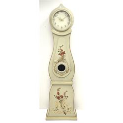 Swedish cream painted longcase clock, floral painted detail, brass weight driven movement