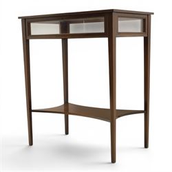 Edwardian inlaid mahogany bijouterie display table, square tapering supports inlay, orange baize lining shaped undertier