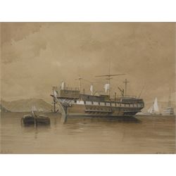 William Davison (British c.1808-1870): ‘Hulk in Plymouth Harbour’, sepia watercolour signed titled and dated 1831, 23cm x 36cm