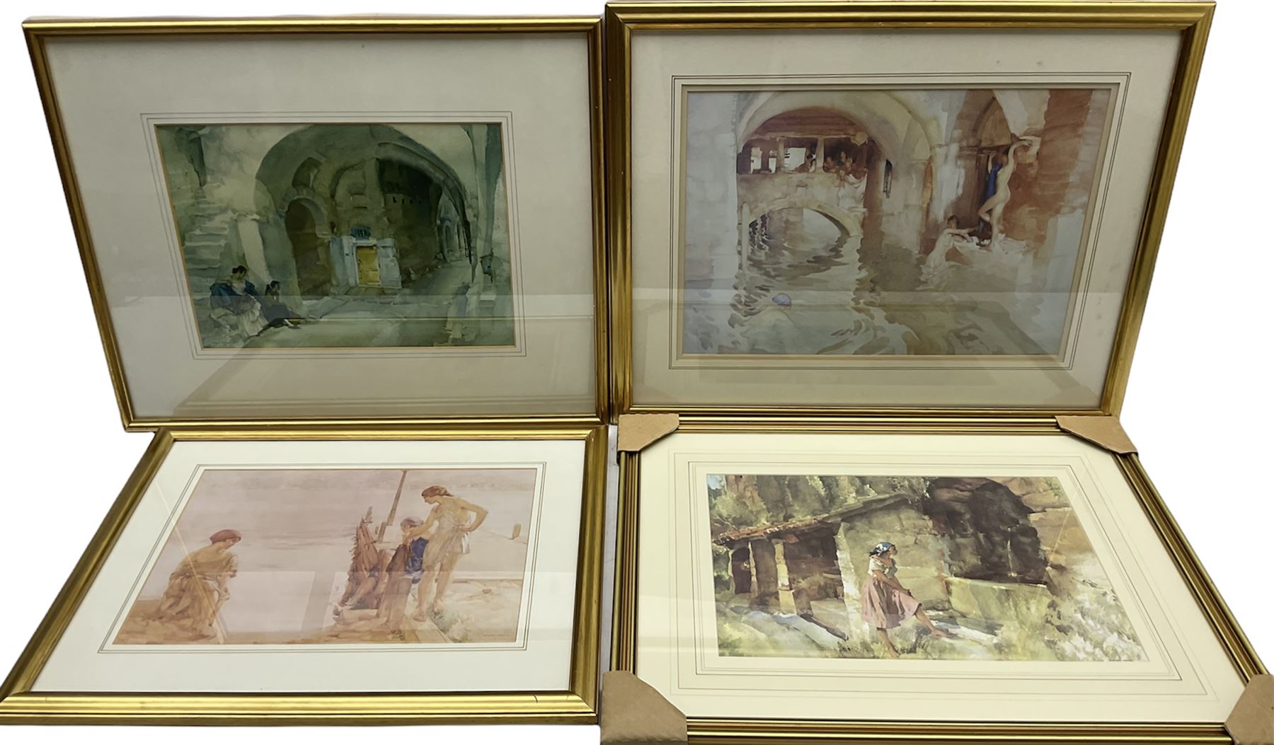 After Sir William Russell Flint (Scottish 1880-1969): 'Unexplored City' 'An August Morning' 'The Wishing Well' and 'Water Arches', set four colour prints max 27cm x 39cm (4)
