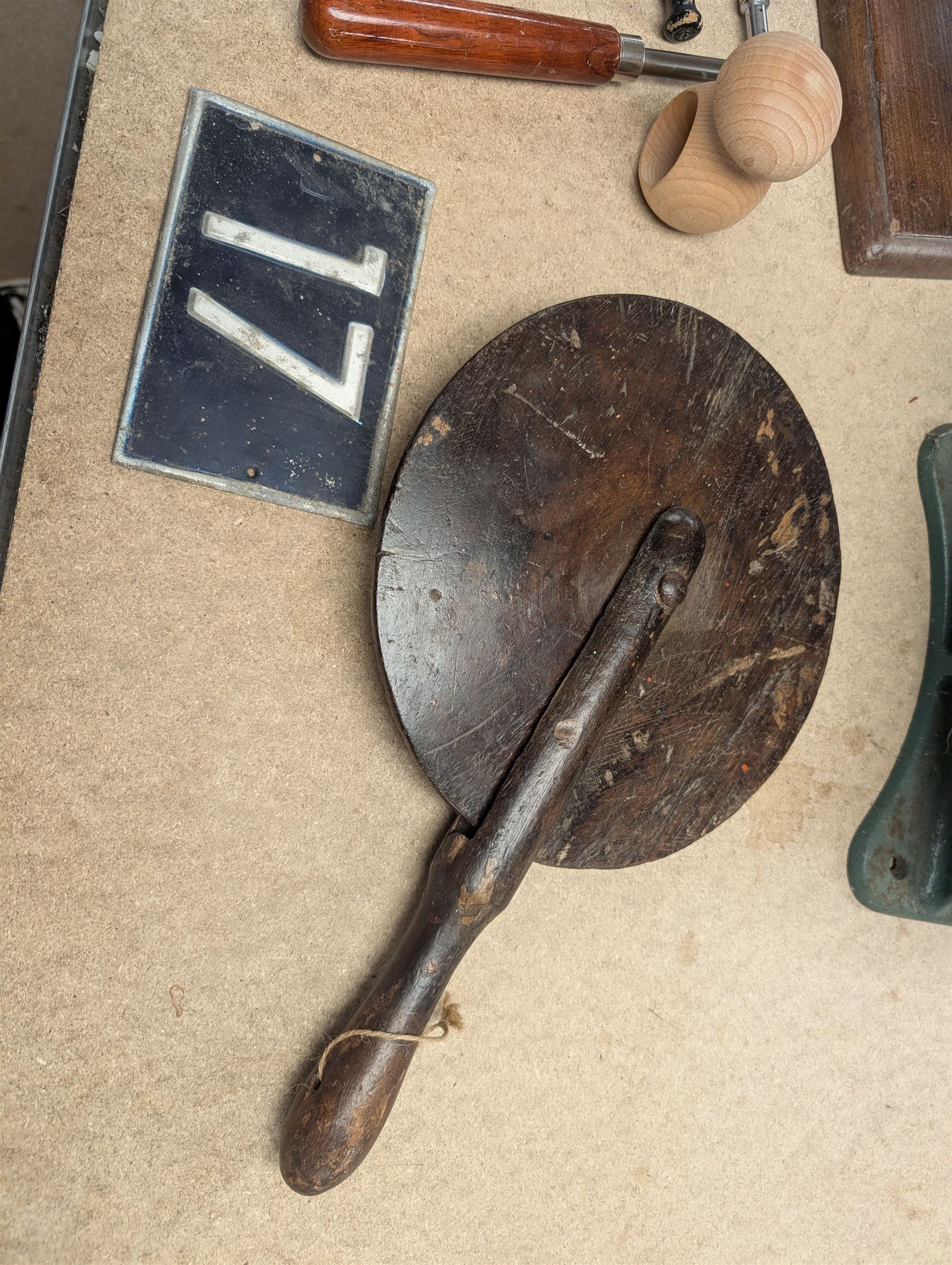 Avery Brass balance scales with weights on wooden plinth, Cannon grinding wheel, wheelwright's wooden traveller etc