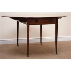  George IV cross banded mahogany drop leaf Pembroke table, single drawer, brass capped square tapering supports on castors, W96cm, H75cm, D136cm  