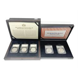 United States of America 'The Complete Peace Dollar Mintmark Collection' formed of 1921 Philadelphia, 1922 San Francisco, 1928 Denver Peace Dollars and 'MS70 Silver Eagle Collection' formed of inaugural strike and inaugural strike type II silver Eagle one dollar coins, both sets cased with certificates 