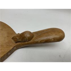 Mouseman - oak kidney-shaped cheeseboard, the handle caved with mouse signature, by the workshop of Robert Thompson, Kilburn
