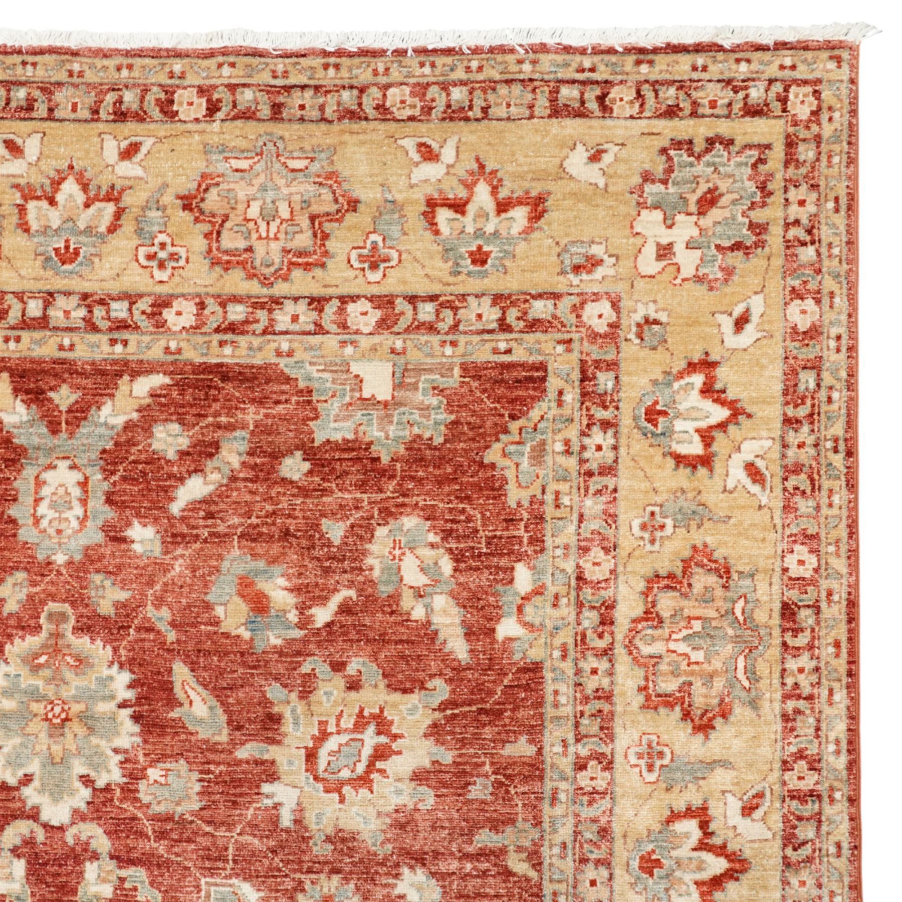 Persian Chubi Oushak style revival hand-knotted carpet, madder red field decorated with large-scale stylized palmettes and floral sprays framed by a broad pale golden border with simplified foliate motifs and multiple guard stripes