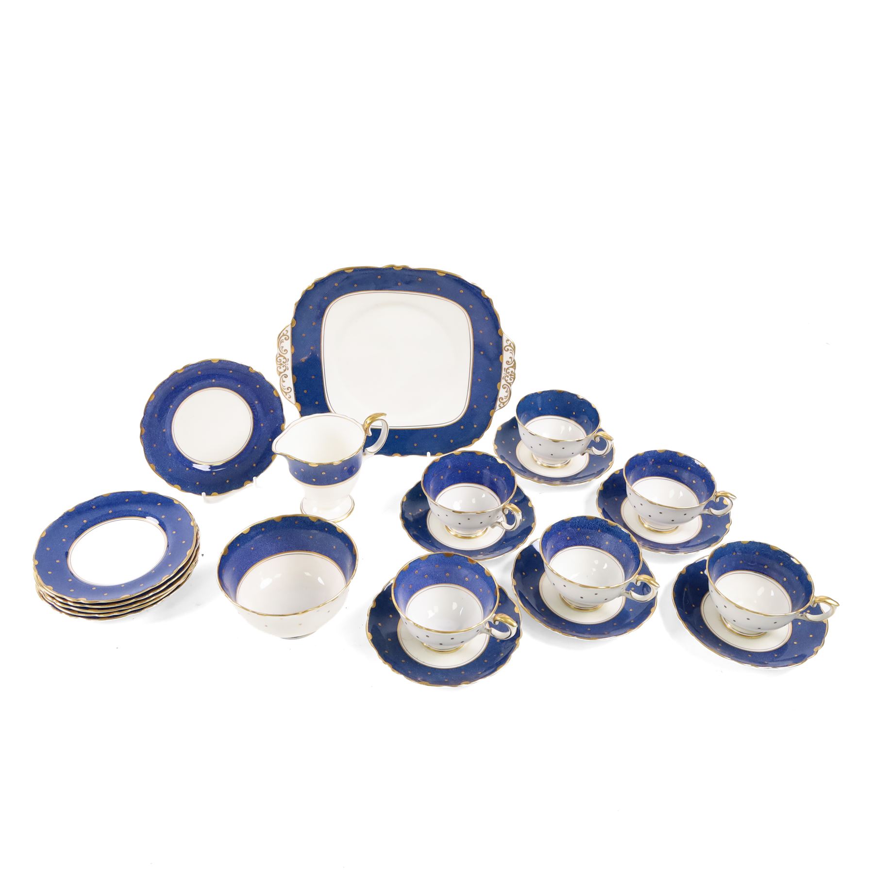 Crown Staffordshire Polka Dot tea service for six, comprising cups and saucers, milk jug, open sucrier, side plates and cake plate