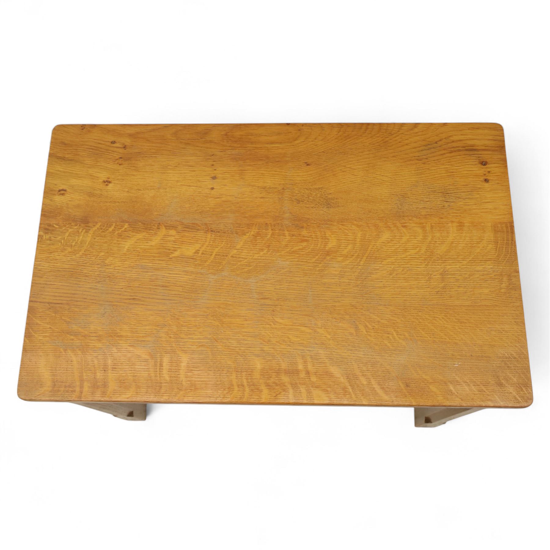 David 'Oakleafman' Langstaff - oak nest of three tables, each with a rectangular adzed top, with signature leaf motif on the bottom stretcher, from the workshop of David Langstaff, Easingwold, Yorkshire