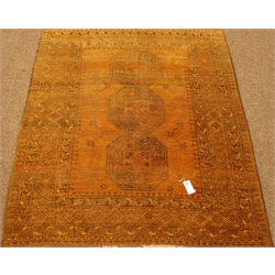  Persian Bokhara gold ground rug, triple large Gul motifs, 147cm x 124cm  