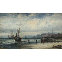 William Anslow Thornley (British fl.1858-1898): Fishing Boats unloading on the Shore, oil on canvas signed 24cm x 39cm 