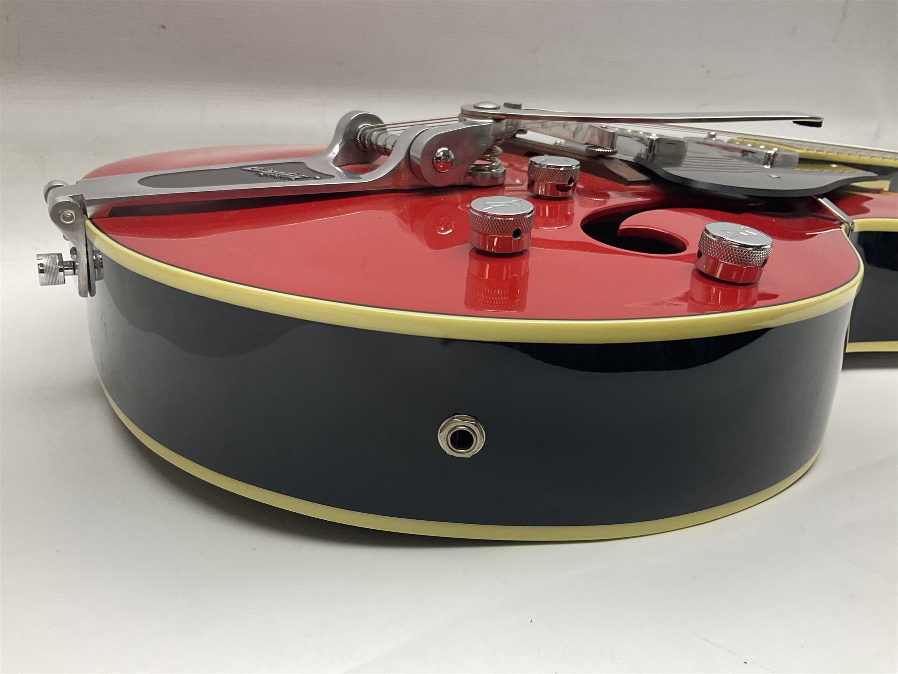 Gretsch Electromatic semi-acoustic guitar model G5129 in black and red with Bigsby tremolo, serial no.KS05063904; L105cm; in fitted hard carrying case