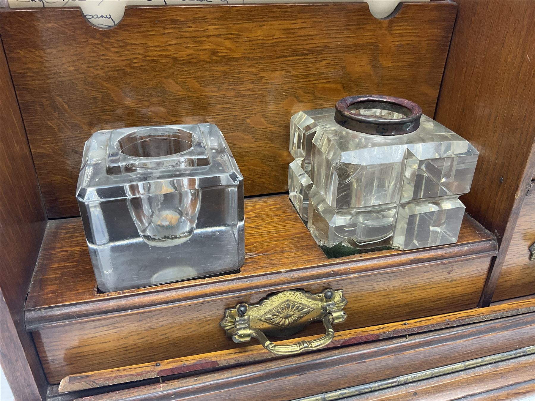 Late Victorian oak correspondence cabinet, with interior letter rack and three drawers