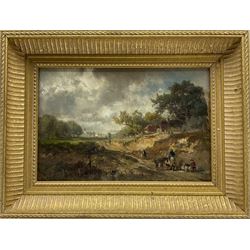 Adolf Stademann (German 1824-1895): 'Near Fenwick' Northumberland - Workers by the Roadside, oil on panel signed, titled verso 19cm x 28cm