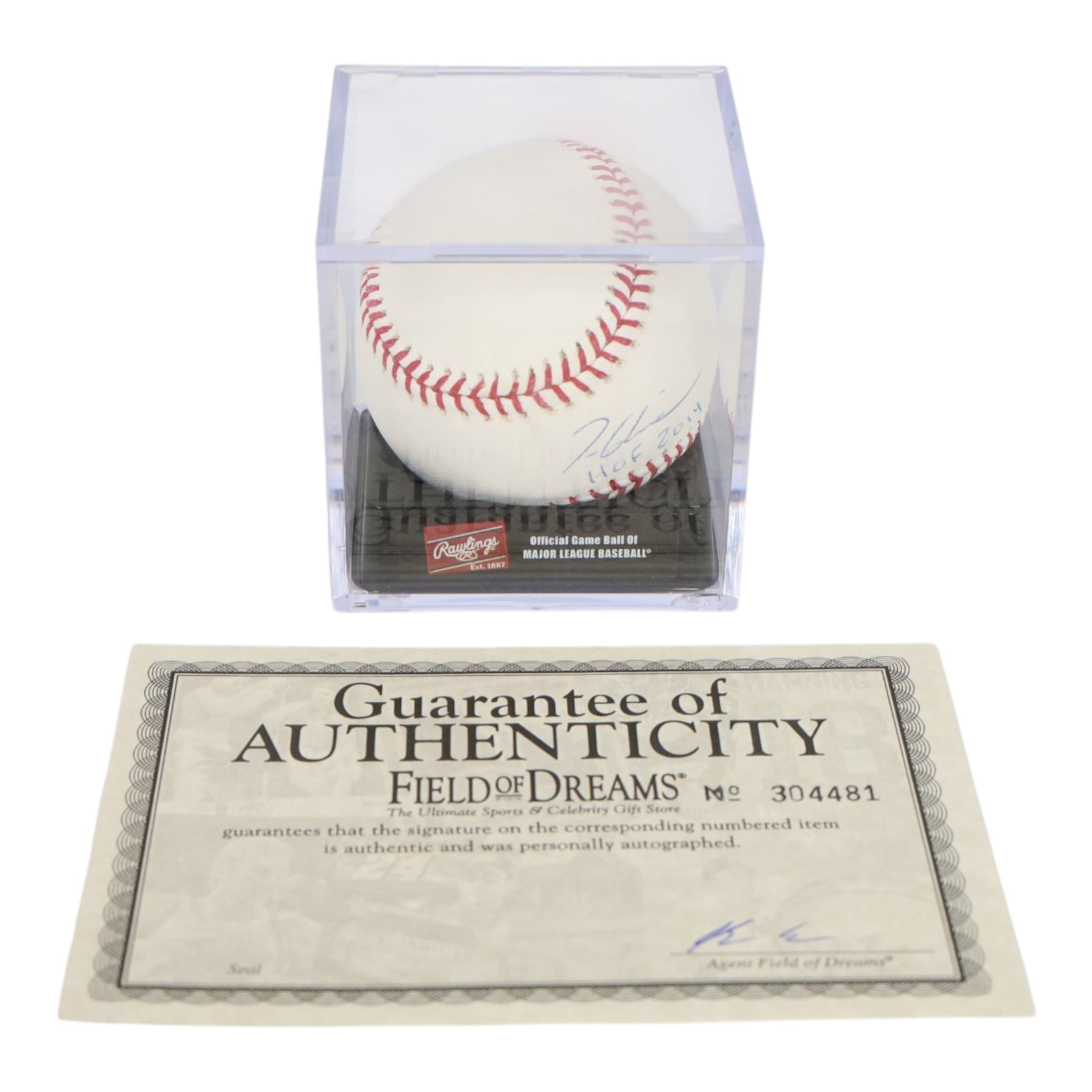 Signed Tom Glavine Rawlings baseball with HOF 2014 inscription, contained within an acrylic display box, with Field of Dreams hologram and certificate of authenticity 