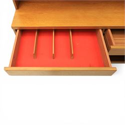 McIntosh Furniture - mid-20th century teak highboard unit, two glazed cupboards enclosing a glass shelved interior, a fall front cabinet to the other side mirrored back, with three frieze drawers one fitted for cutlery, with applied square panels