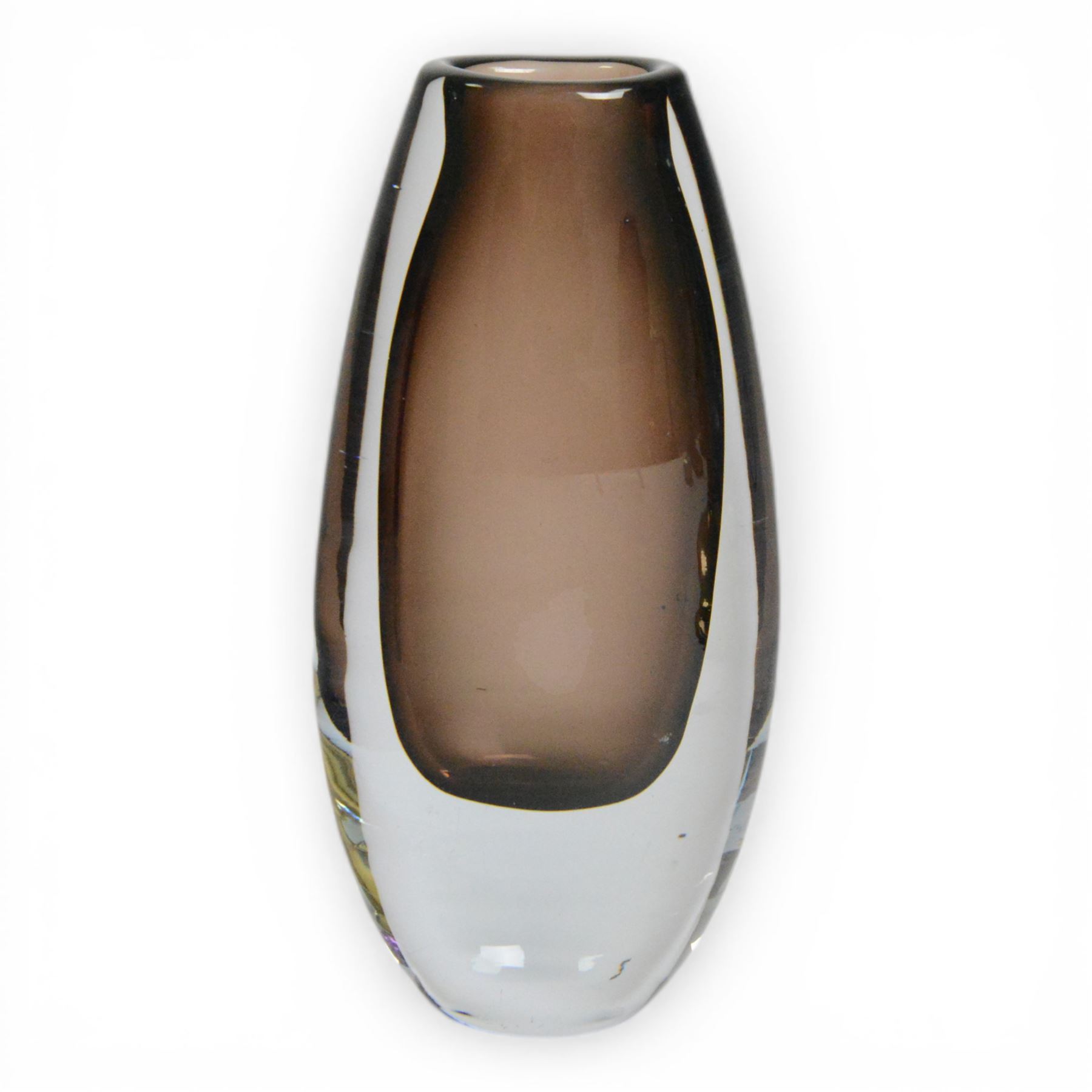 Three mid-century vases, comprising green Czech ‘winged’ vase, cinnamon vase, B894, designed by Gunnar Nyland for Strombergshyattan, signed beneath and Whitefriars ‘molar’ vase, designed by William Wilson 