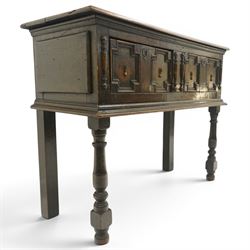 Georgian oak dresser base, plank top above an arrangement of two fielded panel drawers with moulded geometric fronts, on turned front supports and block rear legs