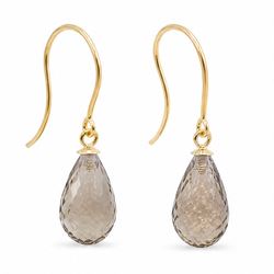 Pair of 9ct gold smokey quartz pendant earrings, each stud set with a single briolette cut quartz, stamped 375
