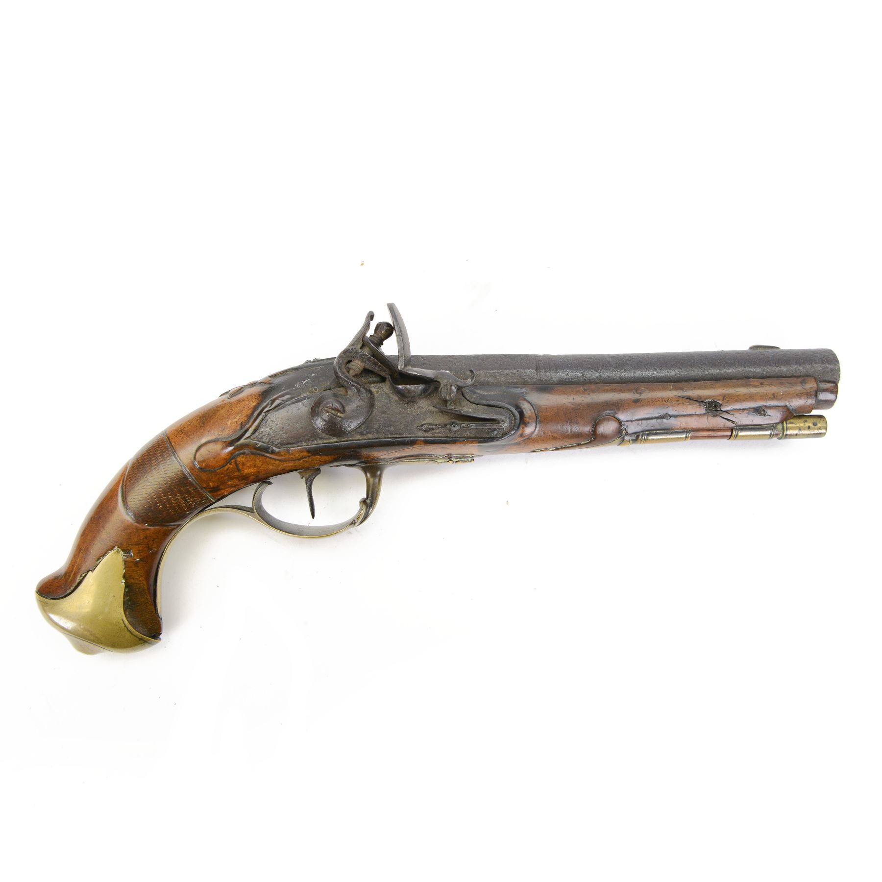 19th century flintlock pistol, the 18cm barrel with ram rod under, chequered walnut stock with brass butt cap, L32cm