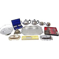 Assorted metalware including a Swan Cromalin four piece tea set, a Swan chromium plated salver, a set of six Chromoid fish knives and forks, two butter dishes etc. 