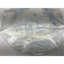 Opalescent glass dish moulded with three birds in flight around central flower, D25cm