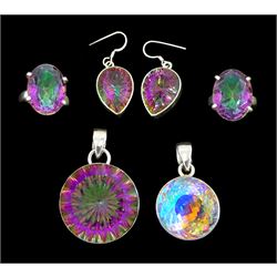 Silver mystic topaz jewellery including two rings, pendant and pair of earrings and one other pendant, all stamped 925