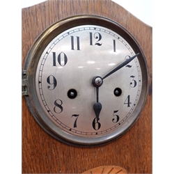  20th century inlaid oak cased mantel clock with silvered Arabic dial, twin train movement striking the half hours on a coil, and two Edwardian inlaid mahogany mantel timepieces H31cm max (3)  