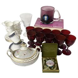 Twin handled sucrier with cover, in the manner of Thomas Grainger for Royal Worcester, together with Wedgwood Medina pattern coffee cans and saucers, a set of ten ruby glasses and a Wedgwood cameo glass tankard etc