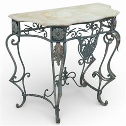 20th Century marble top consul table on scrolling metal legs with foliate decoration 
