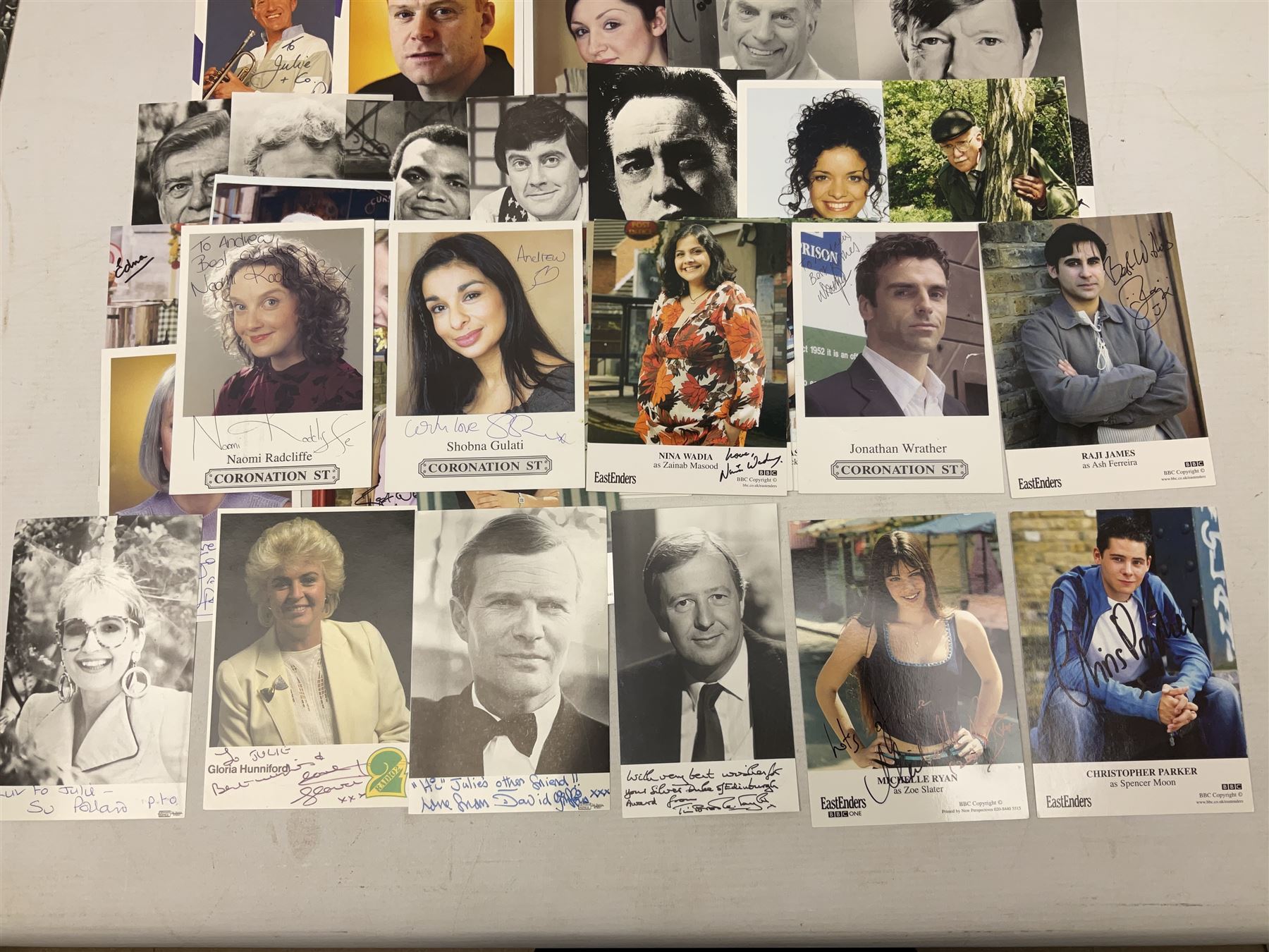 1949 England cricket team signatures including Hutton, Compton, Edrich, Laker etc on loose album page; and large quantity of other autographs of predominantly TV Soap Opera stars from Last of the Summer Wine, Eastenders, Emmerdale, Coronation Street, Heartbeat etc and other TV/Film personalities; on promotional photographs and clipped fragments of paper etc